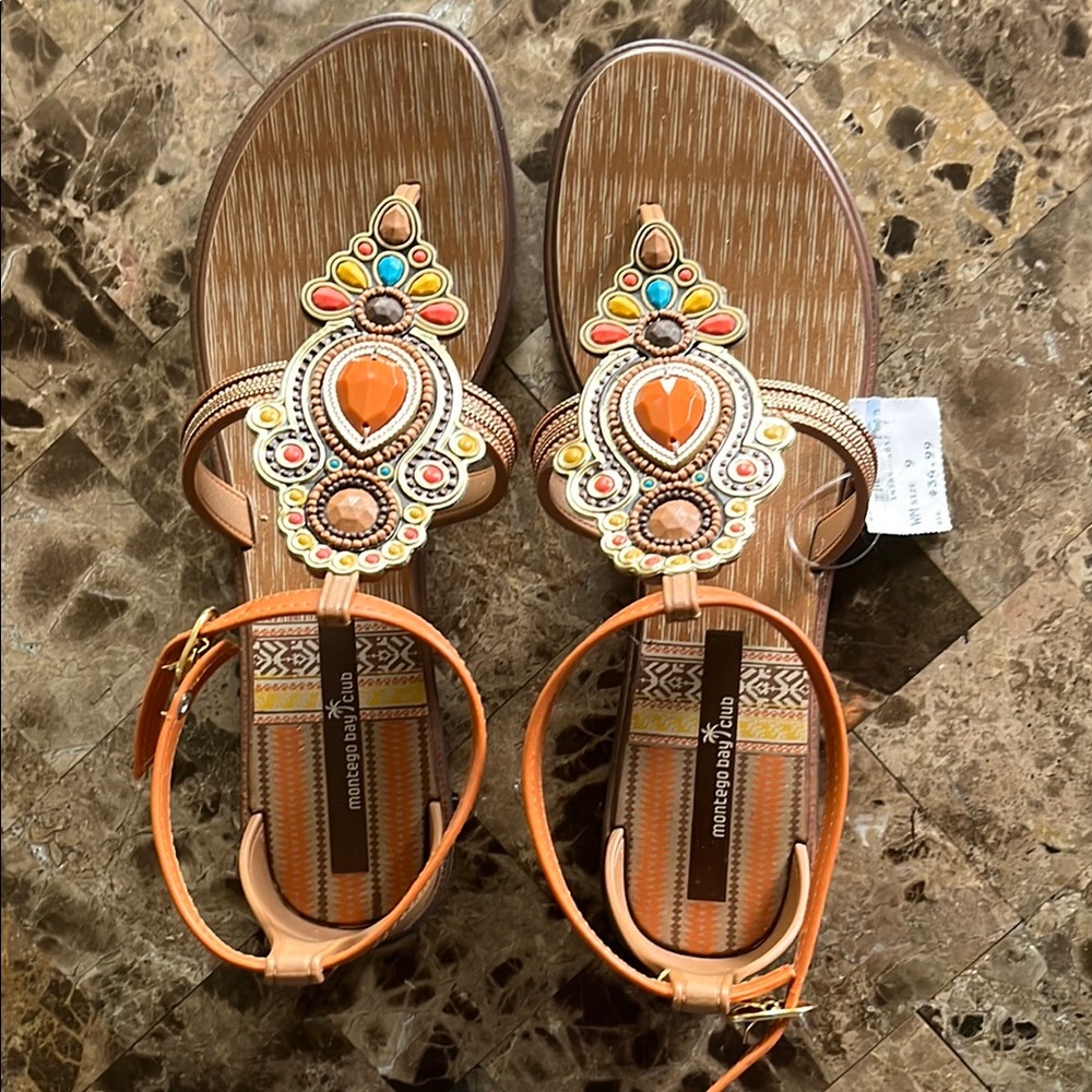 NWT Montego Bay Club Orange Multicolor Embellished Sandals Size 9